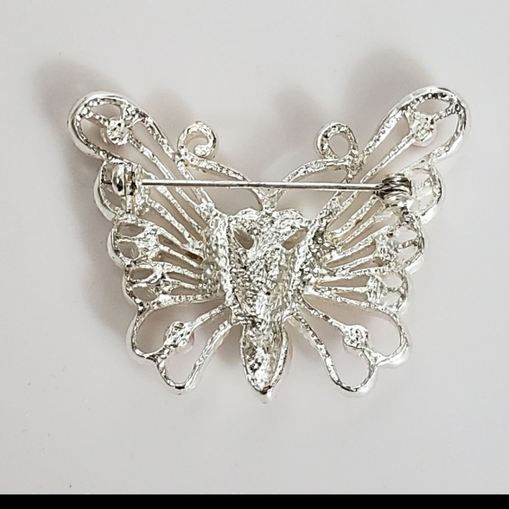 Silver-tone Filigree Butterfly Brooch Pink Crystals - Picture 5 of 7
